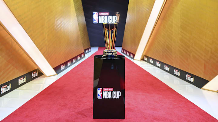 The Emirates NBA Cup on the red carpet before the championship game between the Milwaukee Bucks and the Oklahoma City Thunder at T-Mobile Arena. The Emirates NBA Cup on the red carpet before the championship game between the Milwaukee Bucks and the Oklahoma City Thunder at T-Mobile Arena.