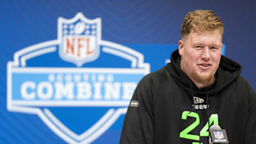 Mar 1, 2025; Indianapolis, IN, USA; University of Connecticut offensive lineman Chase Lundt (OL24) answers questions at a press conference during the 2025 NFL Combine at Indiana Convention Center. Mandatory Credit: Jacob Musselman-Imagn Images