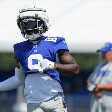 Jul 26, 2024; East Rutherford, NJ, USA; New York Giants wide receiver Malik Nabers (9) gestures to a referee during training camp at Quest Diagnostics Training Center.  