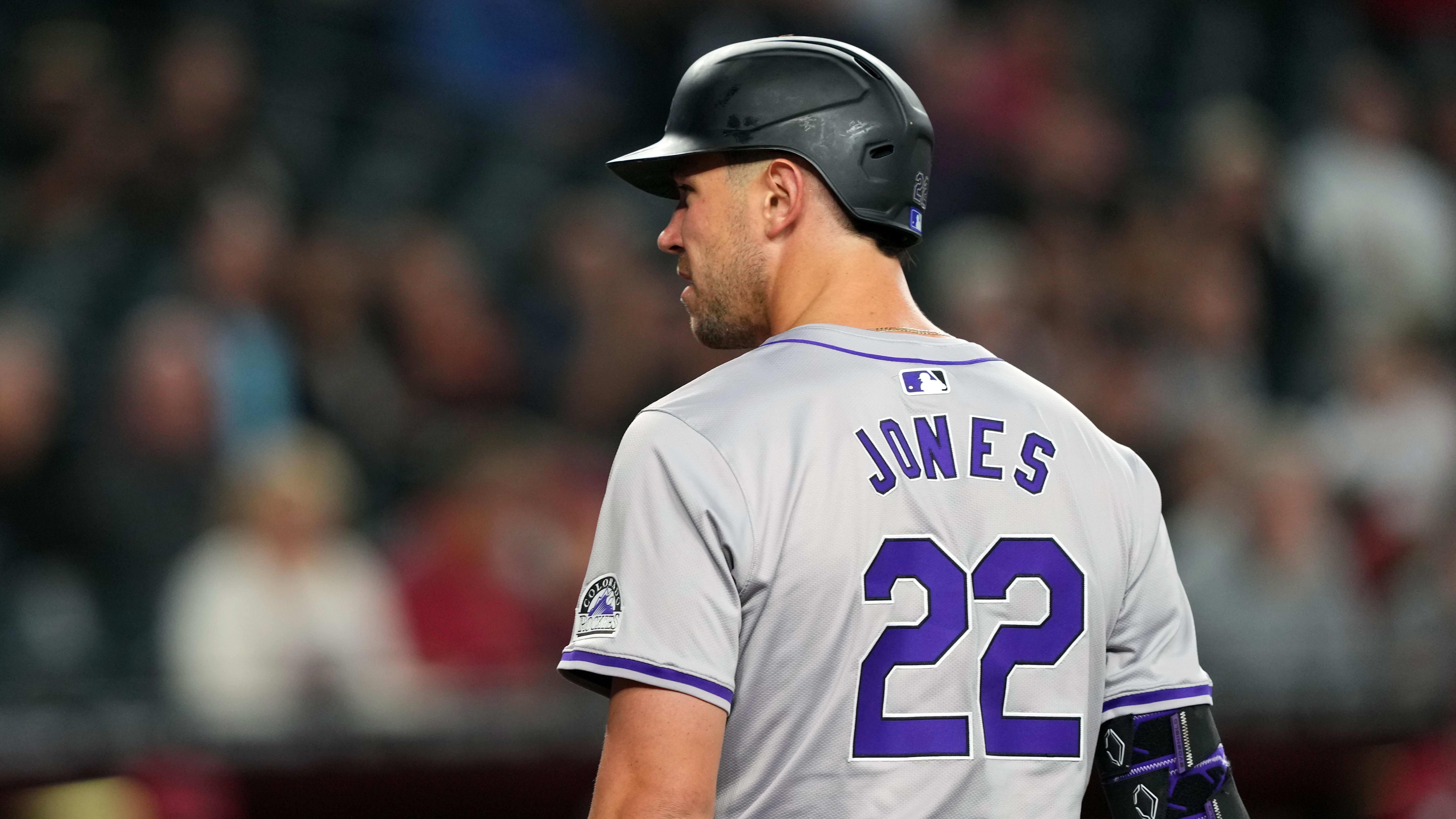 Mar 31, 2024; Phoenix, Arizona, USA; Colorado Rockies right fielder Nolan Jones (22).