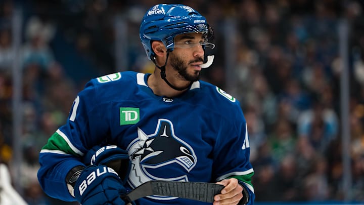 Jan 25, 2026; Vancouver, British Columbia, CAN; Vancouver Canucks forward Evander Kane (91) during a stop in play against the Pittsburgh Penguins in the second period at Rogers Arena. Mandatory Credit: Bob Frid-Imagn Images