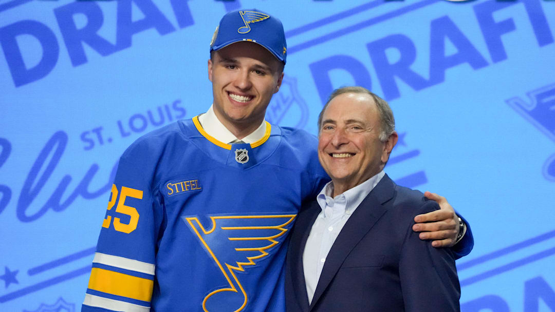 Jun 27, 2025; Los Angeles, California, USA; Justin Carbonneau is selected as the 19th overall pick to the St. Louis Blues in the first round of the 2025 NHL Draft at Peacock Theater. Mandatory Credit: Kirby Lee-Imagn Images