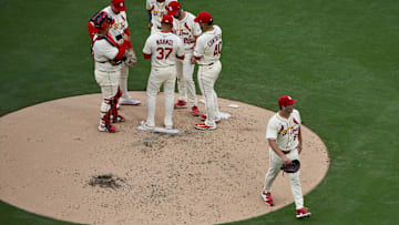 Aug 9, 2025; St. Louis, Missouri, USA;  St. Louis Cardinals starting pitcher Andre Pallante (53) is removed from the game by manager Oliver Marmol (37) during the second inning against the Chicago Cubs at Busch Stadium. Mandatory Credit: Jeff Curry-Imagn Images