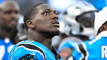 Aug 8, 2025; Charlotte, North Carolina, USA; Carolina Panthers defensive tackle Tershawn Wharton (92) on the sidelines in the second quarter at Bank of America Stadium.