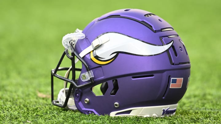 Aug 19, 2023; Minneapolis, Minnesota, USA; A Minnesota Vikings helmet sits on the turf before the game against the Tennessee Titans at U.S. Bank Stadium.