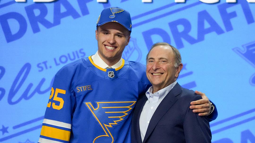 Jun 27, 2025; Los Angeles, California, USA; Justin Carbonneau is selected as the 19th overall pick to the St. Louis Blues in the first round of the 2025 NHL Draft at Peacock Theater. Mandatory Credit: Kirby Lee-Imagn Images