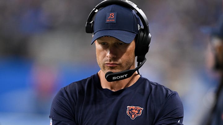 Sep 14, 2025; Detroit, Michigan, USA; Chicago Bears head coach Ben Johnson looks on during the second half of the game against the Detroit Lions at Ford Field.