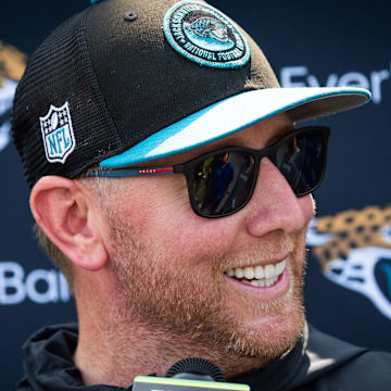 Jacksonville Jaguars head coach Liam Coen smiles while answering questions during a press conference after the seventh organized team activity at the Miller Electric Center in Jacksonville, Fla. Monday, June 2, 2025. [Doug Engle/Florida Times-Union]