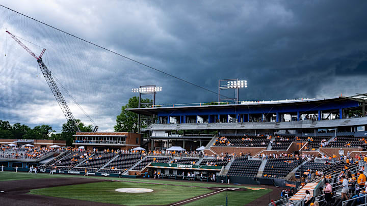 Storm clouds roll over Lindsey Nelson Stadium before a NCAA Baseball Tournament Knoxville Regional game between Tennessee and Miami (Ohio) on May 30, 2025.