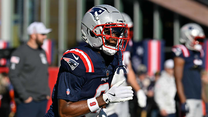 Nov 17, 2024; Foxborough, Massachusetts, USA; New England Patriots wide receiver Javon Baker (6) warms up before a game against the Los Angeles Rams at Gillette Stadium. Mandatory Credit: Eric Canha-Imagn Images