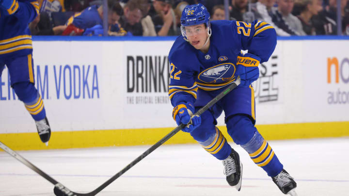 Apr 11, 2024; Buffalo, New York, USA;  Buffalo Sabres right wing Jack Quinn (22) skates up ice with the puck during the second period against the Washington Capitals at KeyBank Center. Mandatory Credit: Timothy T. Ludwig-USA TODAY Sports