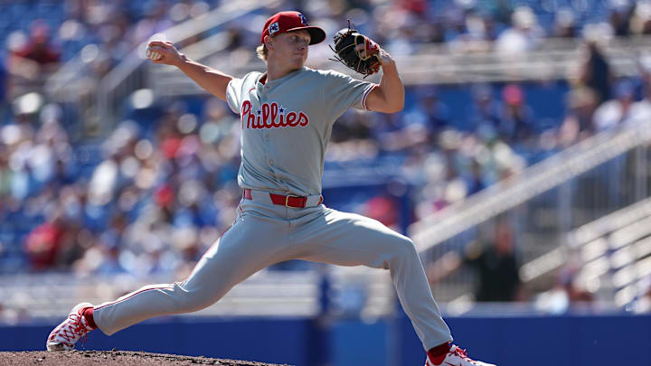 Feb 26, 2025; Dunedin, Florida, USA; Philadelphia Phillies pitcher Seth Johnson (51) throws a pitch against the Toronto Blue Jays in the third inning during spring training at TD Ballpark. Mandatory Credit: Nathan Ray Seebeck-Imagn Images