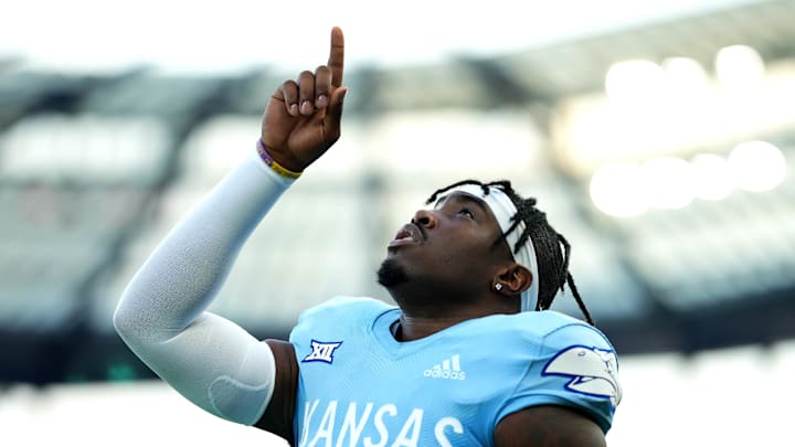 Aug 29, 2024; Kansas City, Kansas, USA; Kansas Jayhawks quarterback Jalon Daniels (6) gets ready before the first half against the Lindenwood Lions at Children's Mercy Park.