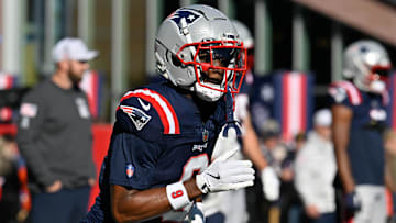 Nov 17, 2024; Foxborough, Massachusetts, USA; New England Patriots wide receiver Javon Baker (6) warms up before a game against the Los Angeles Rams at Gillette Stadium. Mandatory Credit: Eric Canha-Imagn Images