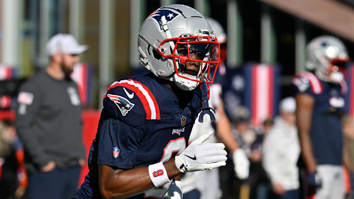 Nov 17, 2024; Foxborough, Massachusetts, USA; New England Patriots wide receiver Javon Baker (6) warms up before a game against the Los Angeles Rams at Gillette Stadium. Mandatory Credit: Eric Canha-Imagn Images