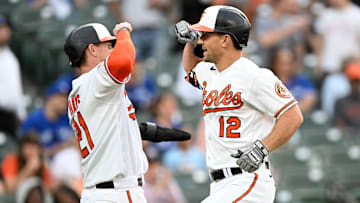 Toronto Blue Jays v Baltimore Orioles: Orioles infielder Adam Frazier celebrates with outfielder Austin Hays