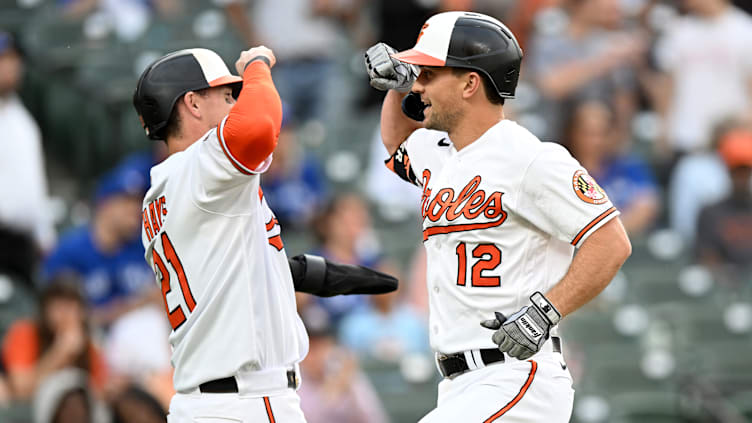 Toronto Blue Jays v Baltimore Orioles: Orioles infielder Adam Frazier celebrates with outfielder Austin Hays