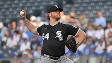 May 5, 2025; Kansas City, Missouri, USA;  Chicago White Sox pitcher Shane Smith (64) throws in the first inning against the Kansas City Royals at Kauffman Stadium. Mandatory Credit: Peter Aiken-Imagn Images