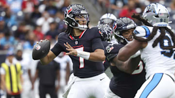 Aug 16, 2025; Houston, Texas, USA; Houston Texans quarterback C.J. Stroud (7) attempts a pass during the first quarter against the Carolina Panthers at NRG Stadium. Mandatory Credit: Troy Taormina-Imagn Images