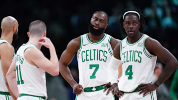Feb 1, 2024; Boston, Massachusetts, USA; Boston Celtics guard Jrue Holiday (4), guard Jaylen Brown (7), guard Payton Pritchard (11) and guard Derrick White (9) on the court against the Los Angeles Lakers in the second half at TD Garden. Mandatory Credit: David Butler II-Imagn Images
