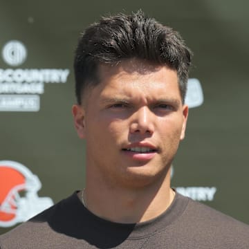 May 10, 2025; Berea, OH, USA; Cleveland Browns quarterback Dillon Gabriel (5) talks to the media during rookie minicamp at CrossCountry Mortgage Campus. Mandatory Credit: Ken Blaze-Imagn Images