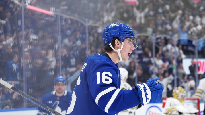 Apr 27, 2024; Toronto, Ontario, CAN; Toronto Maple Leafs right wing Mitch Marner (16) celebrates scoring a goal against the Boston Bruins during the third period in game four of the first round of the 2024 Stanley Cup Playoffs at Scotiabank Arena. Mandatory Credit: Nick Turchiaro-USA TODAY 