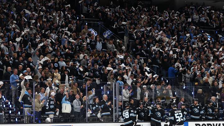 The Utah Mammoth celebrate a goal against the Vegas Golden Knights by right wing Kailer Yamamoto (56) during the third period in game six of the first round of the 2026 Stanley Cup Playoffs at Delta Center. Mandatory Credit: Rob Gray-Imagn Images