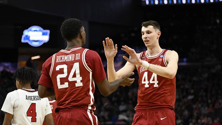 Mar 27, 2025; San Francisco, CA, USA; Arkansas Razorbacks forward Billy Richmond III (24) high-fives forward Zvonimir Ivisic (44) during the first half against the Texas Tech Red Raiders during a West Regional semifinal of the 2025 NCAA tournament at Chase Center. Mandatory Credit: Eakin Howard-Imagn Images