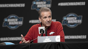 March 26, 2025; San Francisco, CA, USA; Arkansas Razorbacks head coach John Calipari addresses the media in a press conference during NCAA Tournament West Regional Practice at Chase Center. Mandatory Credit: Kyle Terada-Imagn Images