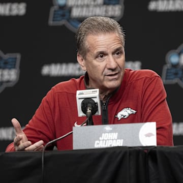 March 26, 2025; San Francisco, CA, USA; Arkansas Razorbacks head coach John Calipari addresses the media in a press conference during NCAA Tournament West Regional Practice at Chase Center.