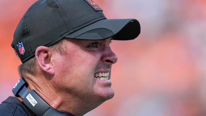 Sep 14, 2025; Cincinnati, Ohio, USA; Cincinnati Bengals head coach Zac Taylor reacts after no foul is called on a play in the fourth quarter at Paycor Stadium. Mandatory Credit: Sam Greene-USA TODAY Network via Imagn Images