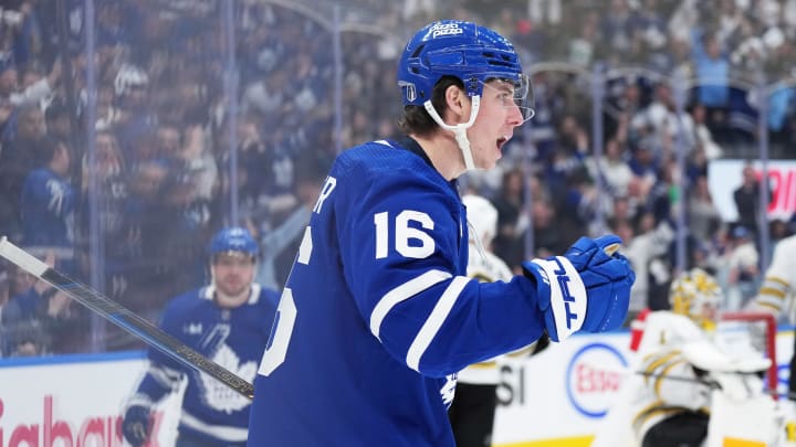 Apr 27, 2024; Toronto, Ontario, CAN; Toronto Maple Leafs right wing Mitch Marner (16) celebrates scoring a goal against the Boston Bruins during the third period in game four of the first round of the 2024 Stanley Cup Playoffs at Scotiabank Arena. Mandatory Credit: Nick Turchiaro-USA TODAY 