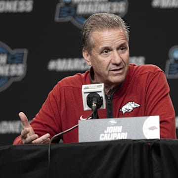 March 26, 2025; San Francisco, CA, USA; Arkansas Razorbacks head coach John Calipari addresses the media in a press conference during NCAA Tournament West Regional Practice at Chase Center. Mandatory Credit: Kyle Terada-Imagn Images