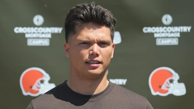 May 10, 2025; Berea, OH, USA; Cleveland Browns quarterback Dillon Gabriel (5) talks to the media during rookie minicamp at Cr