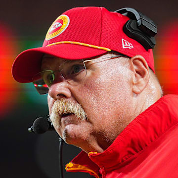 Sep 5, 2024; Kansas City, Missouri, USA; Kansas City Chiefs head coach Andy Reid reacts during the first half against the Baltimore Ravens at GEHA Field at Arrowhead Stadium. Mandatory Credit: Jay Biggerstaff-Imagn Images