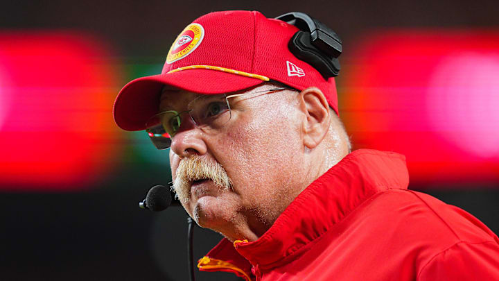 Sep 5, 2024; Kansas City, Missouri, USA; Kansas City Chiefs head coach Andy Reid reacts during the first half against the Baltimore Ravens at GEHA Field at Arrowhead Stadium. Mandatory Credit: Jay Biggerstaff-Imagn Images