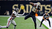Nov 10, 2024; New Orleans, Louisiana, USA;  New Orleans Saints wide receiver Kevin Austin Jr. (81) makes a reception against the Atlanta Falcons during the first half at Caesars Superdome. Mandatory Credit: Matthew Hinton-Imagn Images
