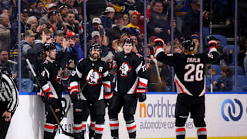 Dec 27, 2024; Buffalo, New York, USA;  Buffalo Sabres right wing Alex Tuch (89) celebrates his third goal of the game with teammates during the third period against the Chicago Blackhawks at KeyBank Center. Mandatory Credit: Timothy T. Ludwig-Imagn Images