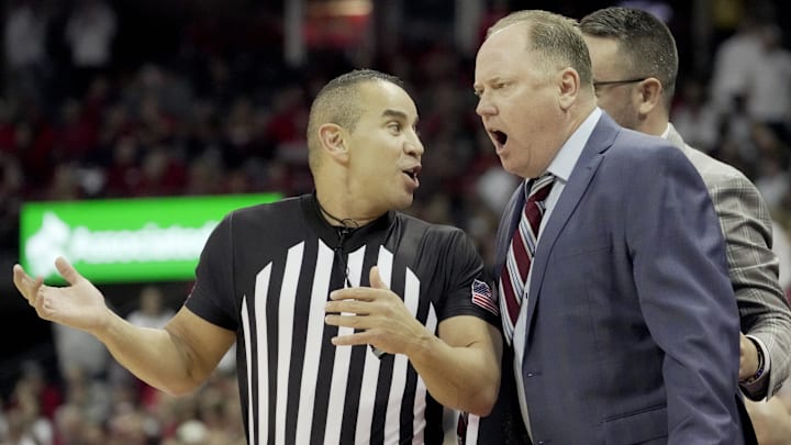 Nov 15, 2024; Madison, Wisconsin, USA; Wisconsin had coach Greg Gard is shown during the first half of their game Friday, November 15, 2024 at the Kohl Center in Madison, Wisconsin.Unranked Wisconsin upset Arizona 103-88.  Mandatory Credit: Mark Hoffman/USA TODAY Network via Imagn Images 