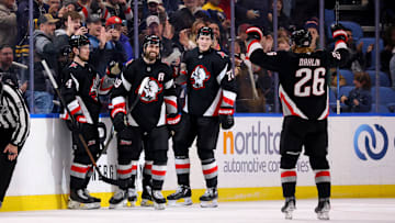 Buffalo Sabres players Alex Tuch, Tage Thompson, Rasmus Dahlin and Bowen Byram