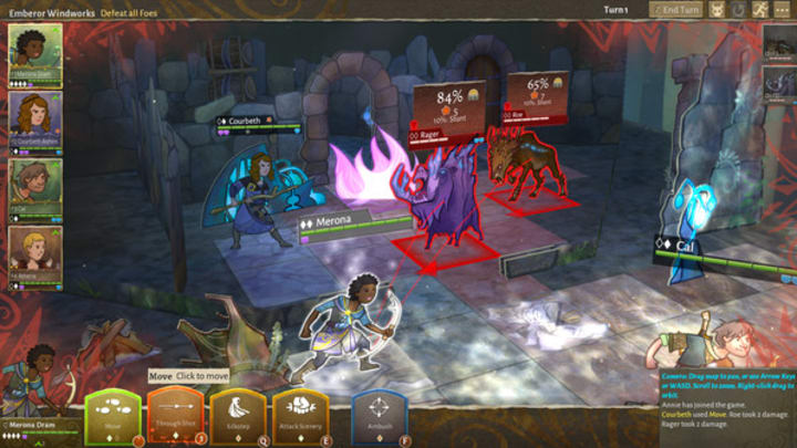 A party of heroes fights some tusky monsters in Wildermyth