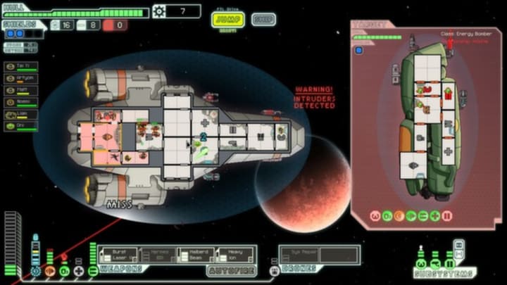 A top down image of two spaceships fighting in FTL: Faster Than Light