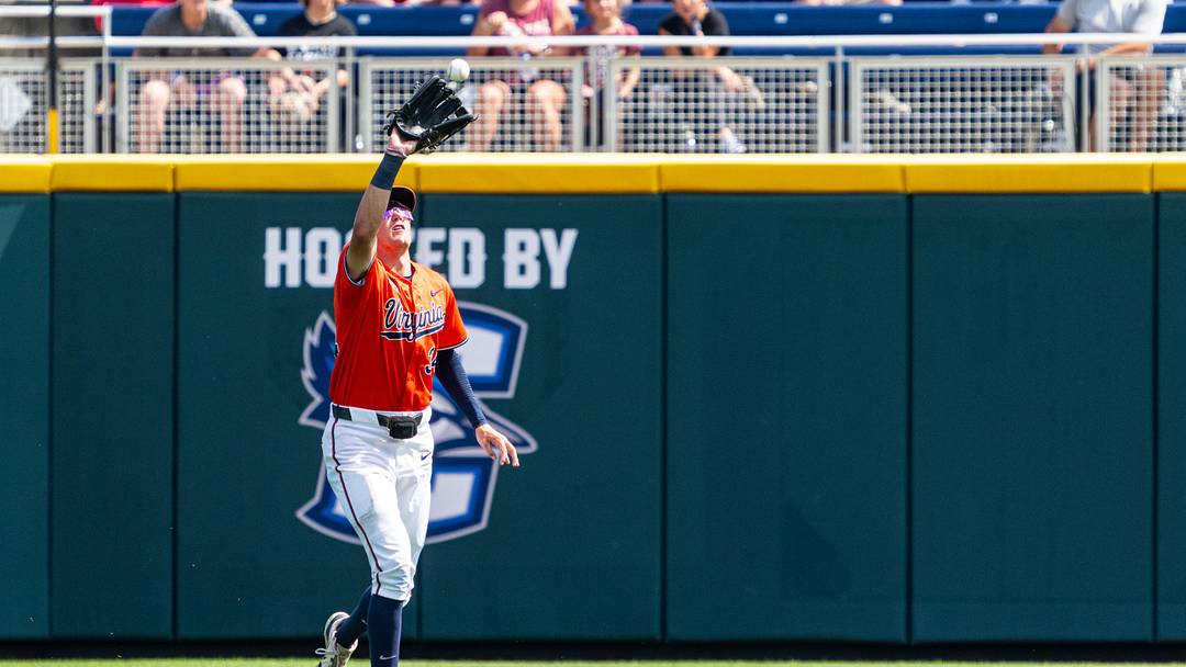 Jun 16, 2024; Omaha, NE, USA; Virginia Cavaliers center fielder Harrison Didawick (34) gets an out against the Florida State Seminoles during the eighth inning at Charles Schwab Field Omaha. Mandatory Credit: Dylan Widger-Imagn Images Jun 16, 2024; Omaha, NE, USA; Virginia Cavaliers center fielder Harrison Didawick (34) gets an out against the Florida State Seminoles during the eighth inning at Charles Schwab Field Omaha. Mandatory Credit: Dylan Widger-Imagn Images