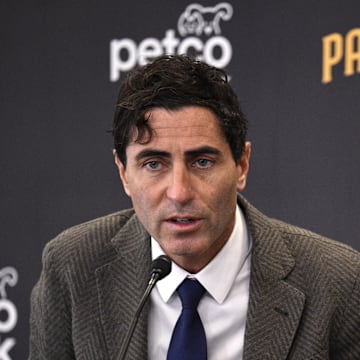 Nov 21, 2023; San Diego, CA, USA; San Diego Padres president of baseball operations and general manager A.J. Preller speaks to the media during a press conference announcing the hiring of manager Mike Shildt (not pictured) at Petco Park. Mandatory Credit: Orlando Ramirez-Imagn Images