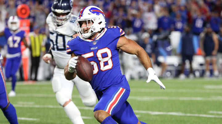 Bills linebacker Matt Milano returns this interception 43 yards for a touchdown against the Titans.