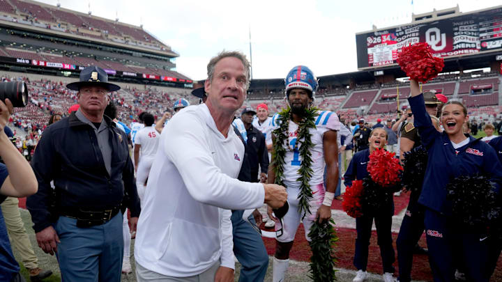 Ole Miss coach Lane Kiffin throws his visor into the stands after a college football game between the University of Oklahoma Sooners (OU) and the Ole Miss Rebels at Gaylord Family Ð Oklahoma Memorial Stadium in Norman, Okla., Saturday, Oct. 25, 2025. Ole Miss won 34-26.