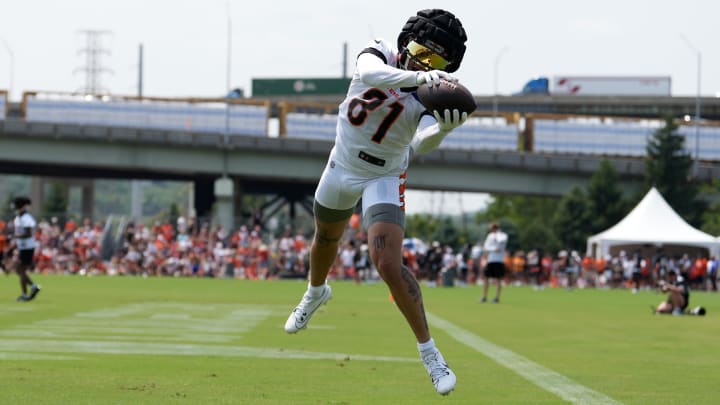 Jul 26, 2024; Cincinnati, OH, USA; Cincinnati Bengals wide receiver Jermaine Burton (81) completes a catch in the end zone during training camp practice at Kettering Health Practice Fields. Mandatory Credit: Kareem Elgazzar-USA TODAY Sports