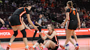 March 11, 2025; Las Vegas, NV, USA; Oregon State Beavers forward Kelsey Rees (53) celebrates against the Portland Pilots during the first half in the final of the West Coast Conference tournament at Orleans Arena. Mandatory Credit: Kyle Terada-Imagn Images