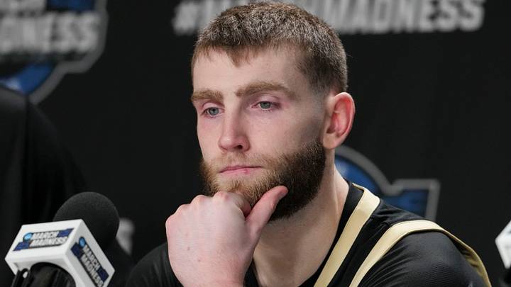 Purdue Boilermakers guard Braden Smith (3) waits for a question from media members following a NCAA Tournament game against the Arizona Wildcats on Saturday, March 28, 2026 at SAP Center in San Jose, Calif. Purdue fell to Arizona 79-64.