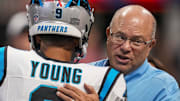 Sep 10, 2023; Atlanta, Georgia, USA; Carolina Panthers quarterback Bryce Young (9) hugs team owner David Tepper on the field prior to the game against the Atlanta Falcons at Mercedes-Benz Stadium. Mandatory Credit: Dale Zanine-Imagn Images